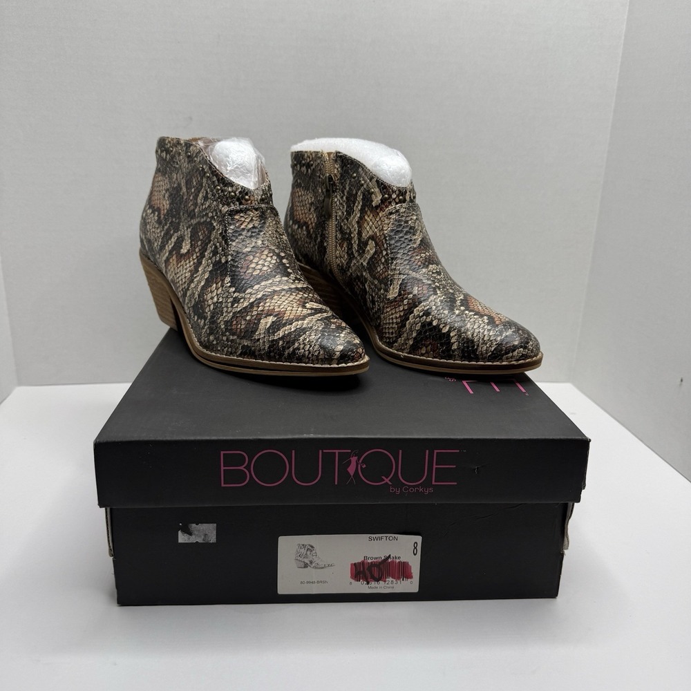 Corkys Boutique Swifton Brown Snake Print Ankle Booties Womens 8 80-9948-BRSN